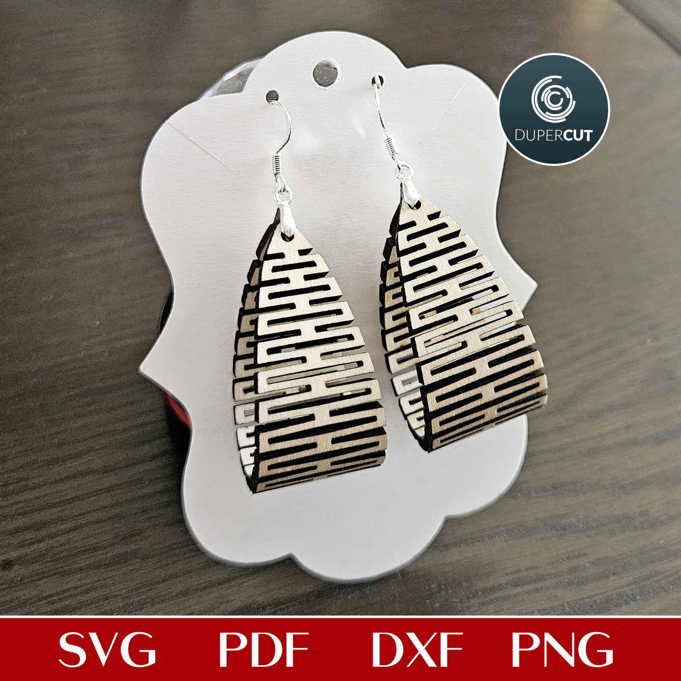 Laser cut bendable wood earrings, geometric pattern SVG vector file for Glowforge, Xtool, cricut, cnc plasma machines by www.DuperCut.com