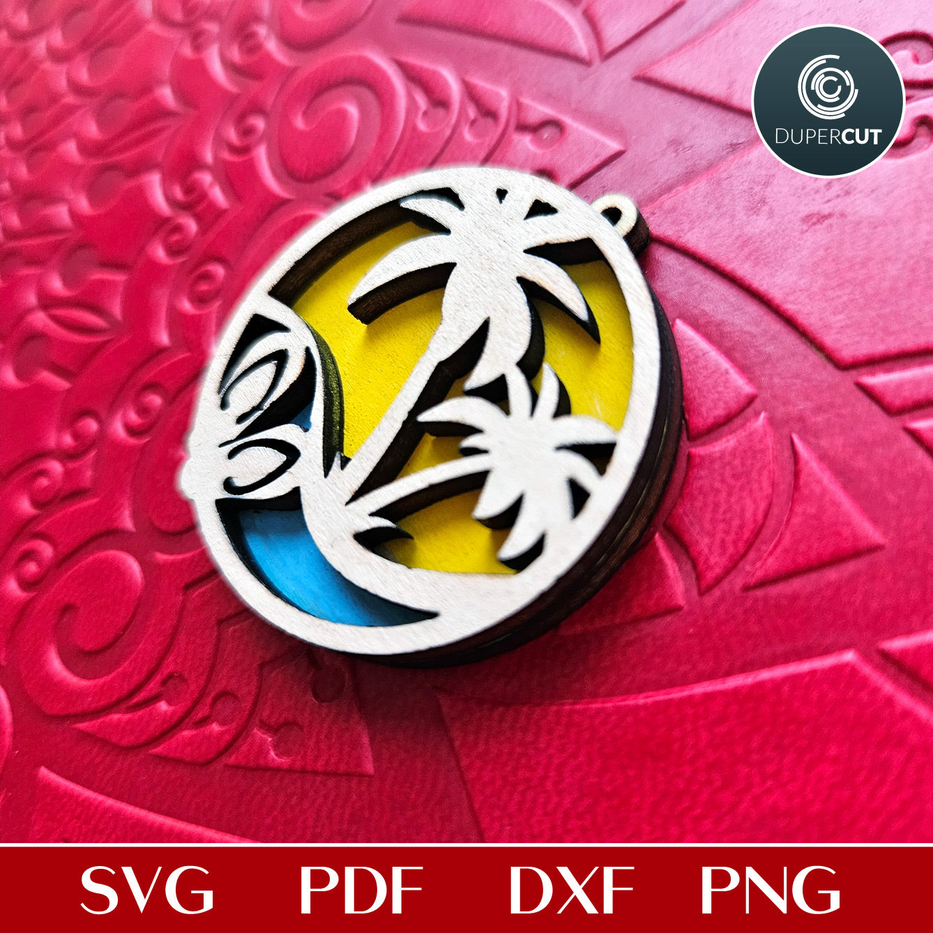 Beach earrings layered template, palm trees summer SVG DXF files for laser cutting Glowforge, Cricut, Xtool by www.dupercut.com