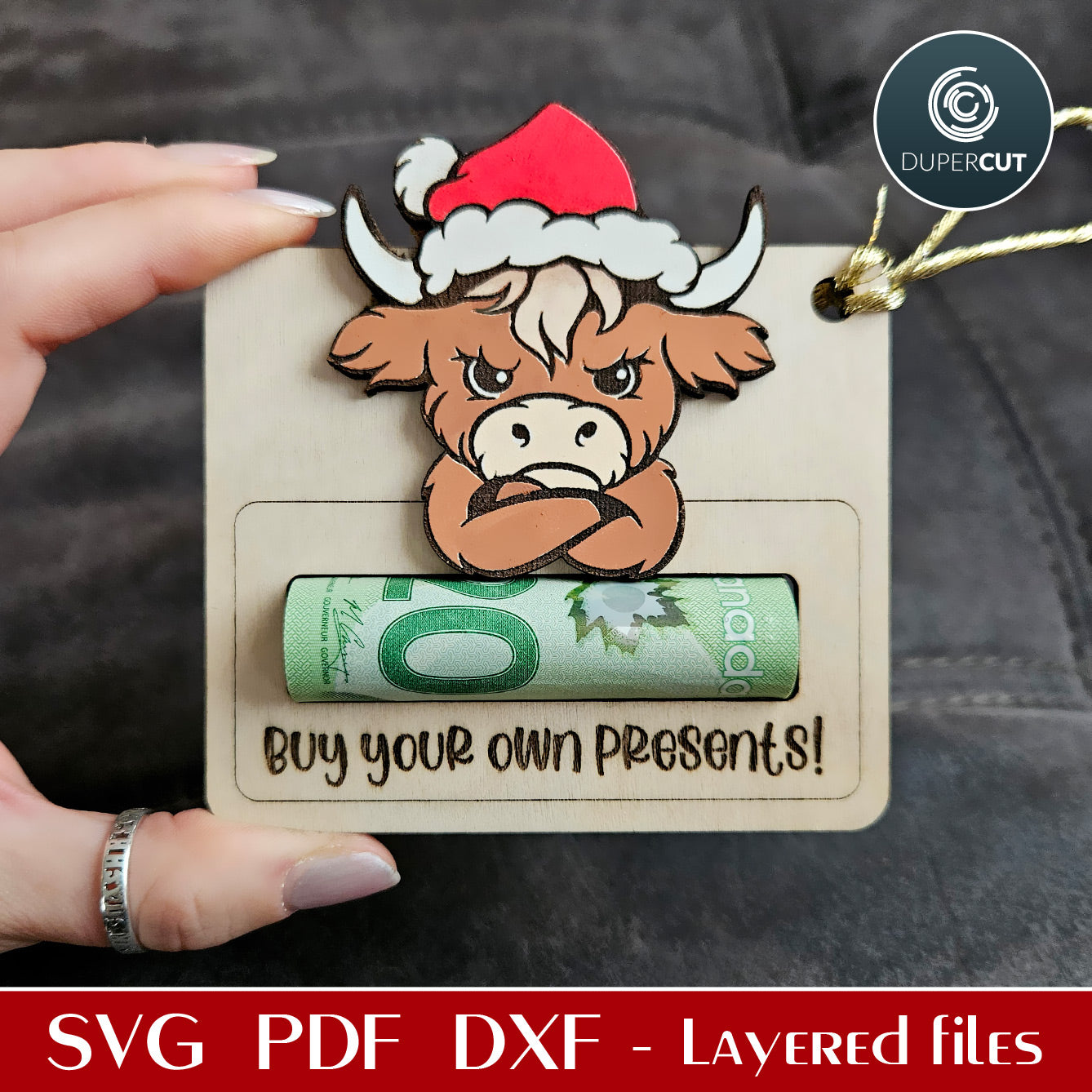 Cash holder ornament DIY "buy your own presents" grumpy highland cow in Santa's hat, Christmas gift - SVG DXF vector files for laser cutting machines Glowforge, Xtool, Cricut pattern by www.dupercut.com