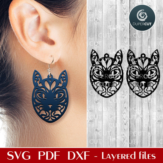 Abstract filigree cat earrings template - SVG DXF vector files for laser Glowforge, Cricut, Silhouette Cameo, CNC plasma machines by www.DuperCut.com