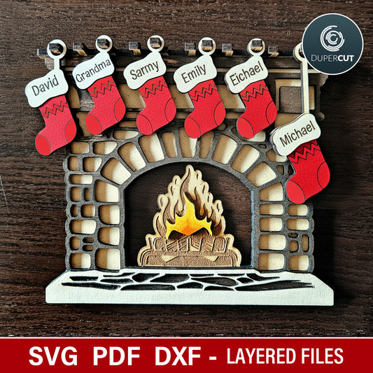 Christmas decoration fireplace with custom name stockings, SVG vector files for laser cutting Glowforge, Xtool, CNC plasma machines by www.DuperCut.com
