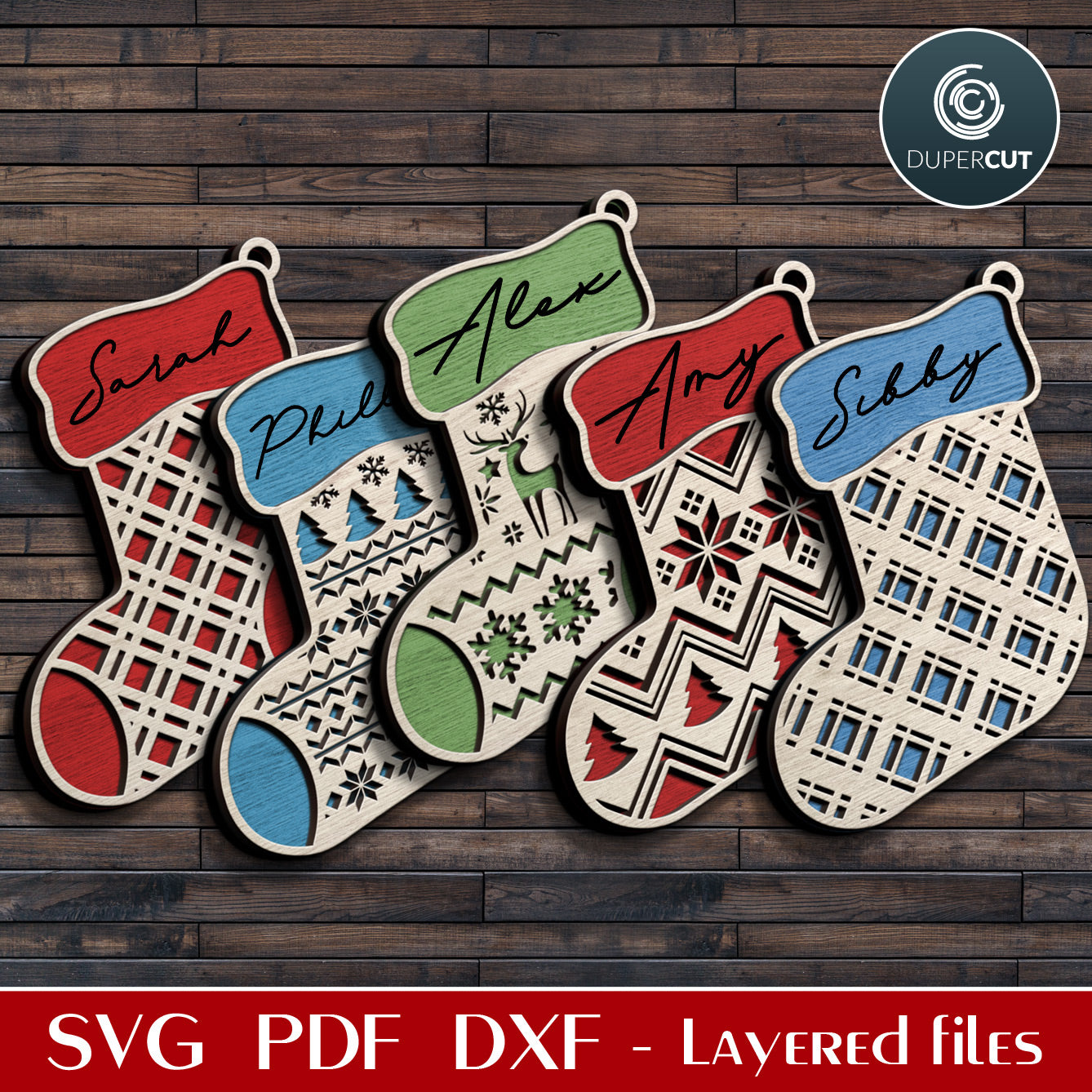 Christmas stockings personalized decoration tag, layered SVG files for laser machines, Glowforge, Xtool, Cricut, CNC plasma by www.DuperCut.com