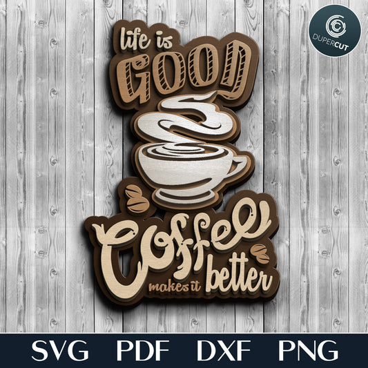 Coffee wall decor sign, Life is Good Coffee Makes it Better plaque. Layered vector files for laser cutting machines Glowforge, Xtool, Cricut, CNC plasma machines by www.DuperCut.com