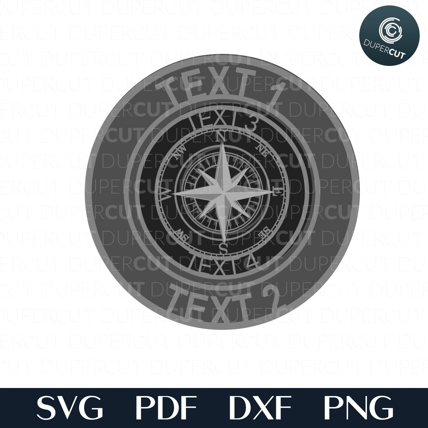 Compass sign with custom text and coordinates, layered laser cutting vector file for Glowforge, Xtool, Cricut, CNC plasma machines, scroll saw template pattern by www.dupercut.com