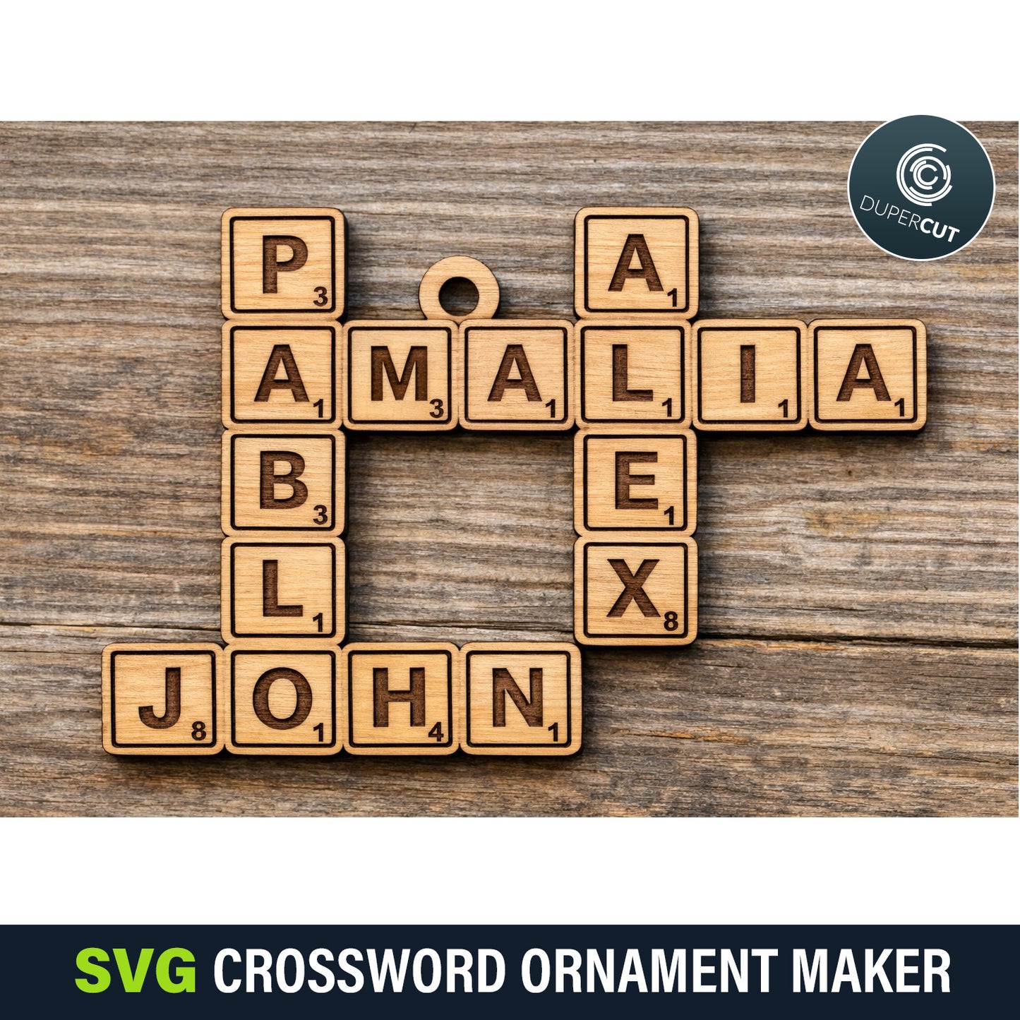 Online word tile ornament SVG generator. Create custom letter tile tags, keychains and more, then download a laser-ready file for cutting. By www.DuperCut.com