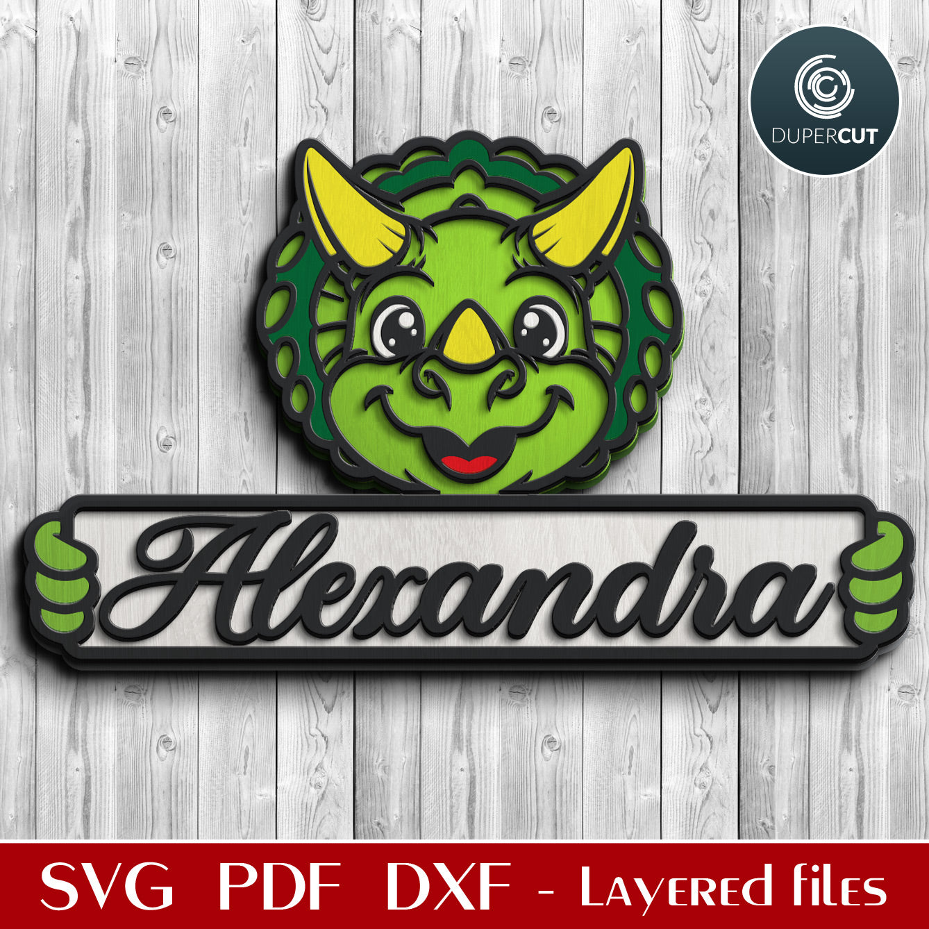 Cute Dinosaur door hanger sign personalized, SVG DXF layered cut files for laser machines Glowforge, Cricut, CNC plasma, scroll saw pattern by www.DuperCut.com