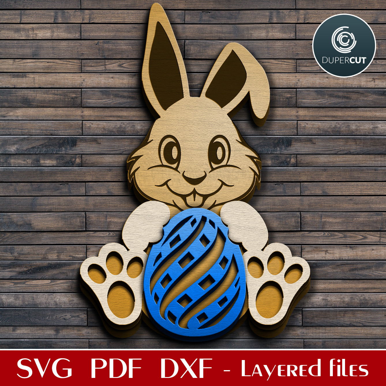 Cute bunny with Easter egg, gift for kids with custom name, cut and engrave file, vector SVG DXF layered pattern for laser cutting with Glowforge, Xtool, Cricut, CNC plasma machines by www.DuperCut.com