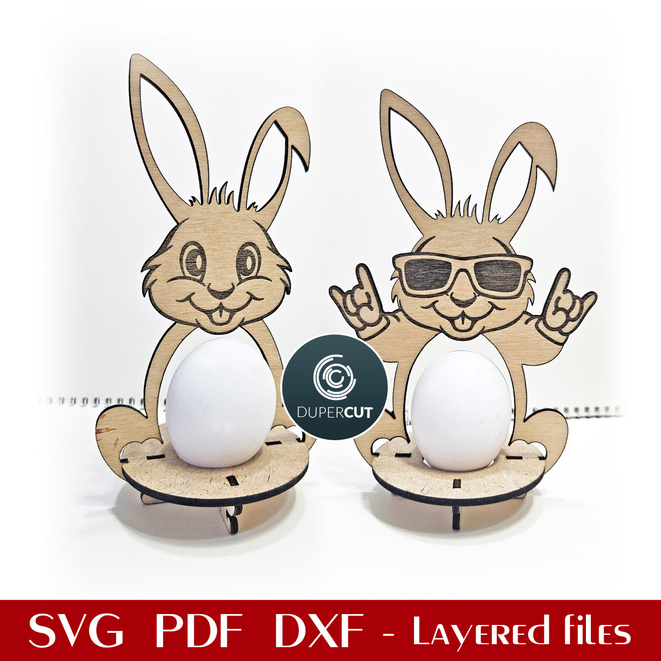 Easter bunny egg holder stand laser cutting vector pattern SVG file for Glowforge, Cricut, Xtool, CNC plasma machines by www.DuperCut.com