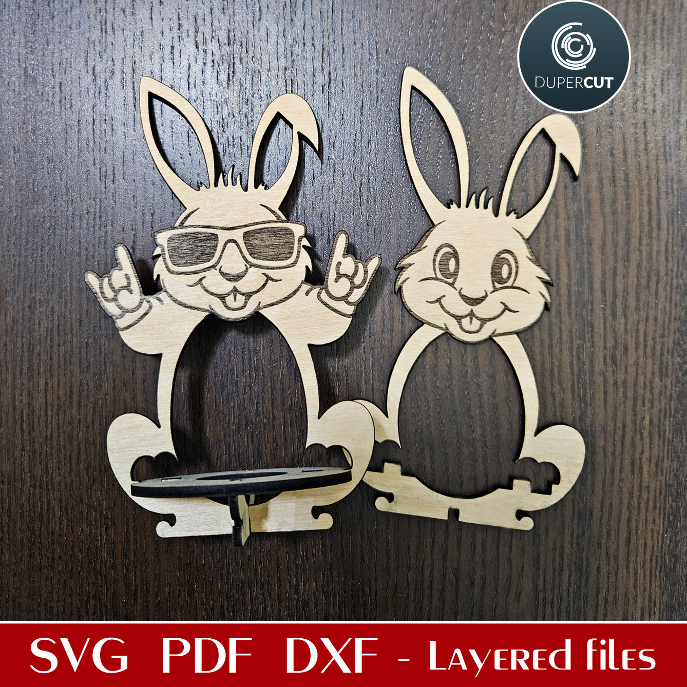 Easter bunny egg holder stand laser cutting vector pattern SVG file for Glowforge, Cricut, Xtool, CNC plasma machines by www.DuperCut.com
