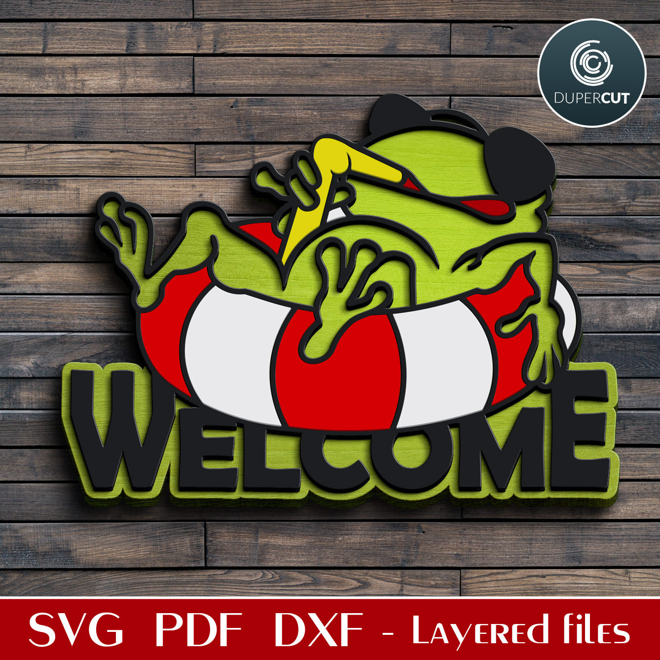 Funny frog with a drink WELCOME sign - SVG DXF layered files for laser cutting machines Glowforge, CNC plasma, X-tool, Cricut, scroll saw pattern by www.DuperCut.com