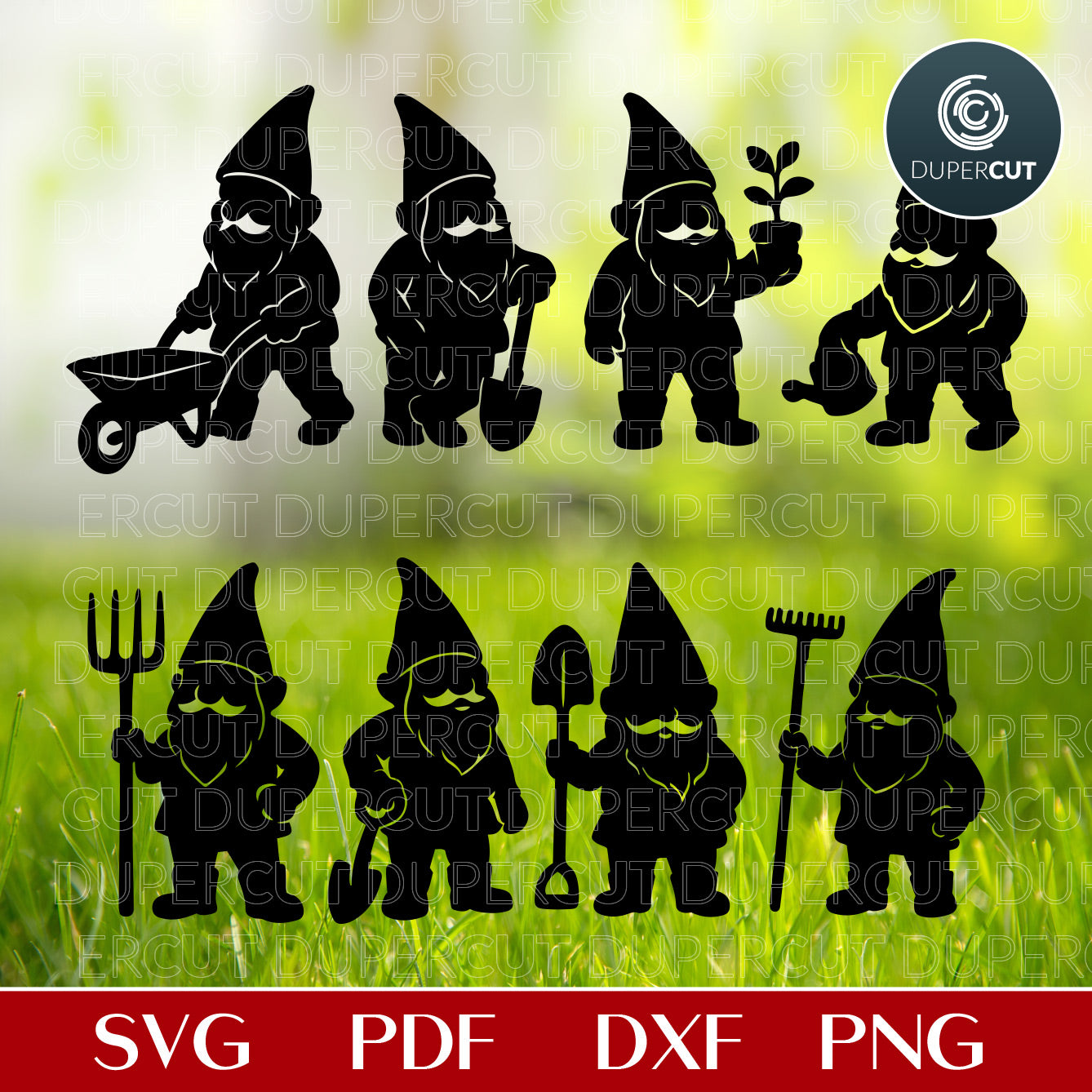 Garden gnomes silhouettes vector files for laser cutting, scroll saw pattern, SVG DXF template for Glowforge, Cricut, Xtool by www.Dupercut.com