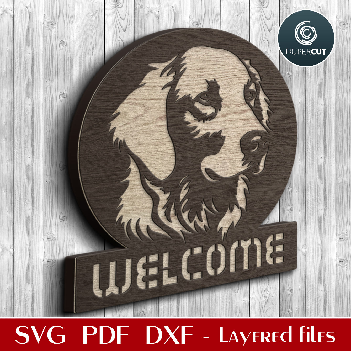 Golden retriever welcome sign - SVG DXF template for laser cutting, Glowforge, x-tool, cricut, silhouette studio, CNC plasma machines, scroll saw pattern by www.DuperCut.com