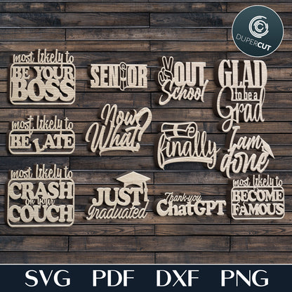 Graduation props digital files, funny cake toppers SVG DXF template for laser Glowforge, Cricut, Xtool, CNC plasma machines by www.DuperCut.com