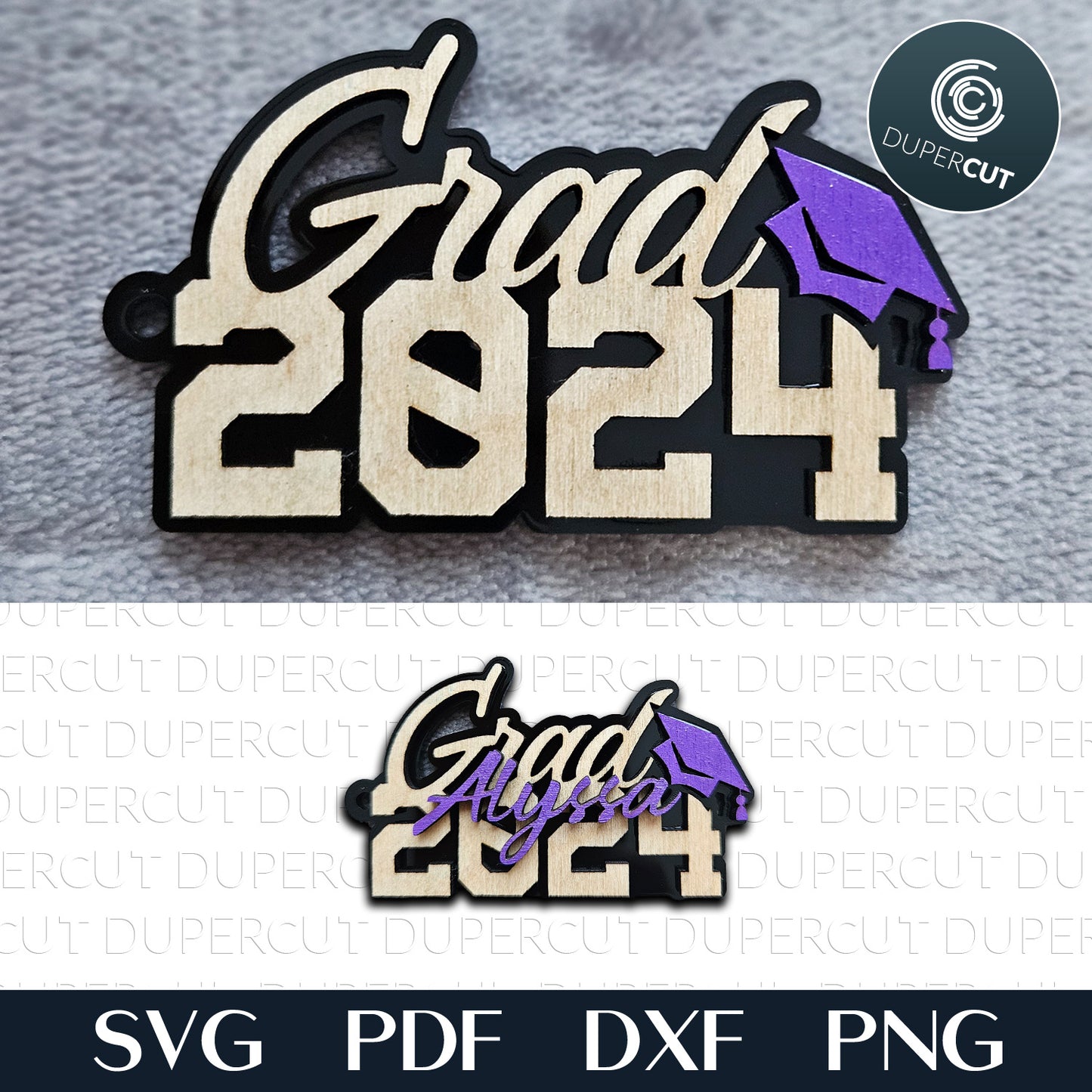 Grad 2024 layered keychain, personalized add custom name - SVG DXF vector files for laser cutting, cricut, xtool, CNC plasma machines by www.dupercut.com