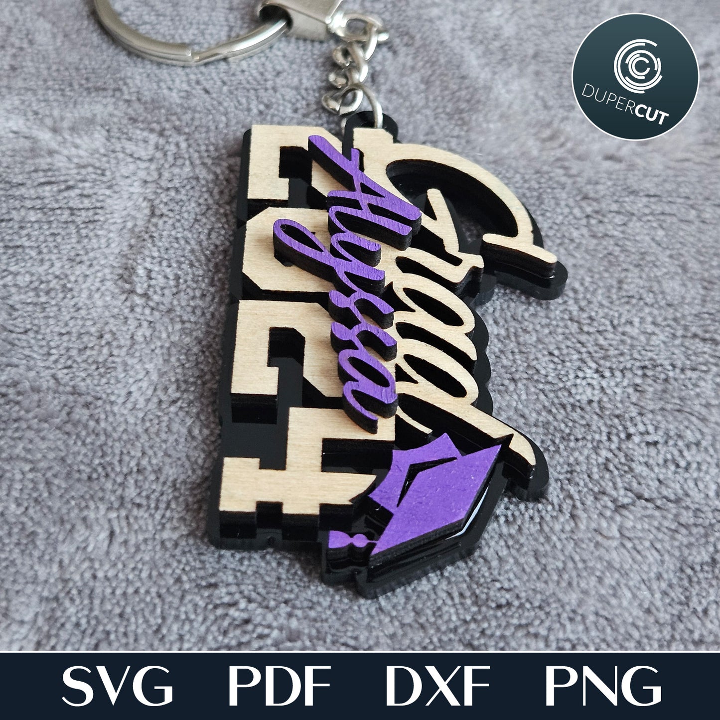 Congrats grad 2024 layered keychain, bag charm, personalized grad gift - SVG DXF vector files for laser cutting, cricut, xtool, CNC plasma machines by www.dupercut.com