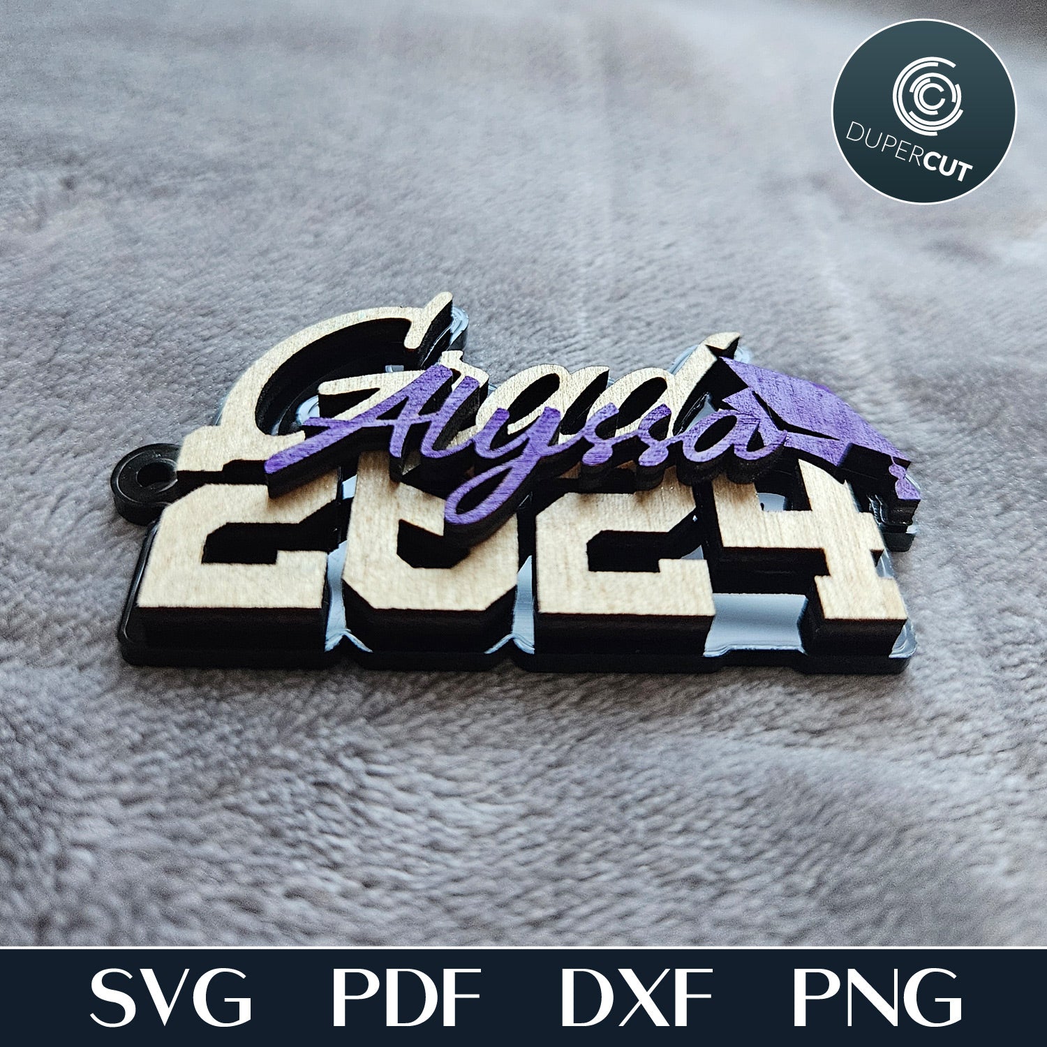 Congrats grad 2024 layered keychain, bag charm, personalized grad gift - SVG DXF vector files for laser cutting, cricut, xtool, CNC plasma machines by www.dupercut.com