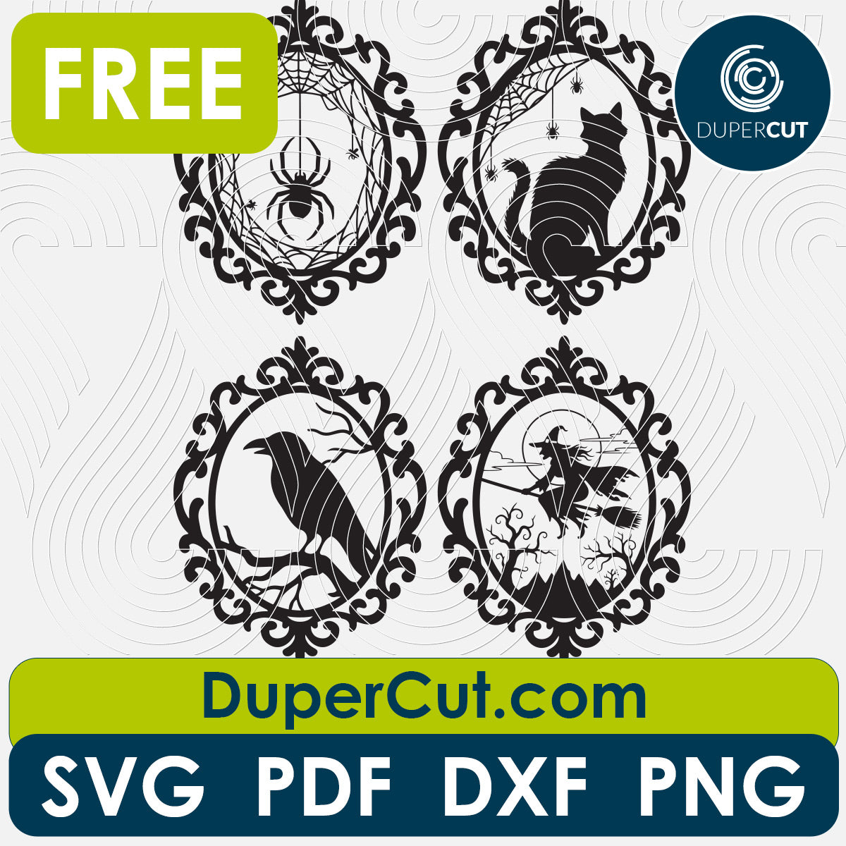 Free Halloween frames silhouettes bundle, Laser cut files for Glowforge, Xtool, Cricut, CNC plasma machines, free scroll saw pattern by www.dupercut.com