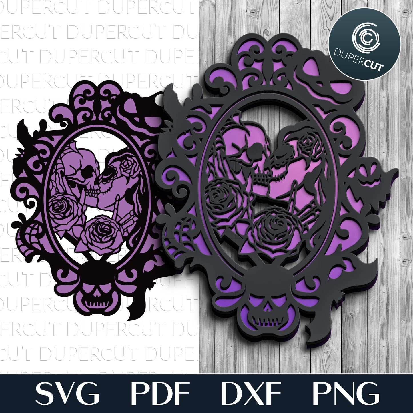 Skull kiss Halloween door hanger decoration - SVG DXF layered cut files for Glowforge, X-tool, Cricut, CNC plasma machines, scroll saw pattern by www.DuperCut.com