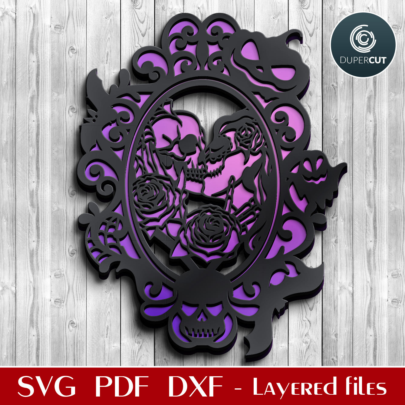 Gothic frame kissing skulls Halloween door hanger decoration - SVG DXF layered cut files for Glowforge, X-tool, Cricut, CNC plasma machines, scroll saw pattern by www.DuperCut.com