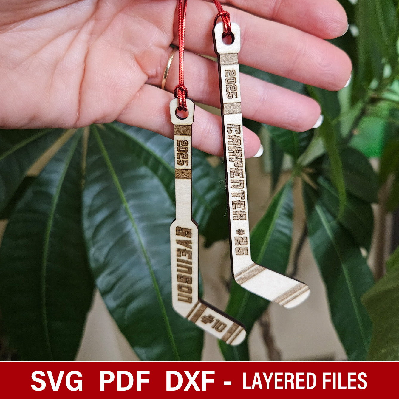 Personalized Hockey sticks, goalie sticks ornaments/tags - SVG vector file for laser cutting with Gloforge, Xtool, Facon, cnc plasma router machines by www.dupercut.com