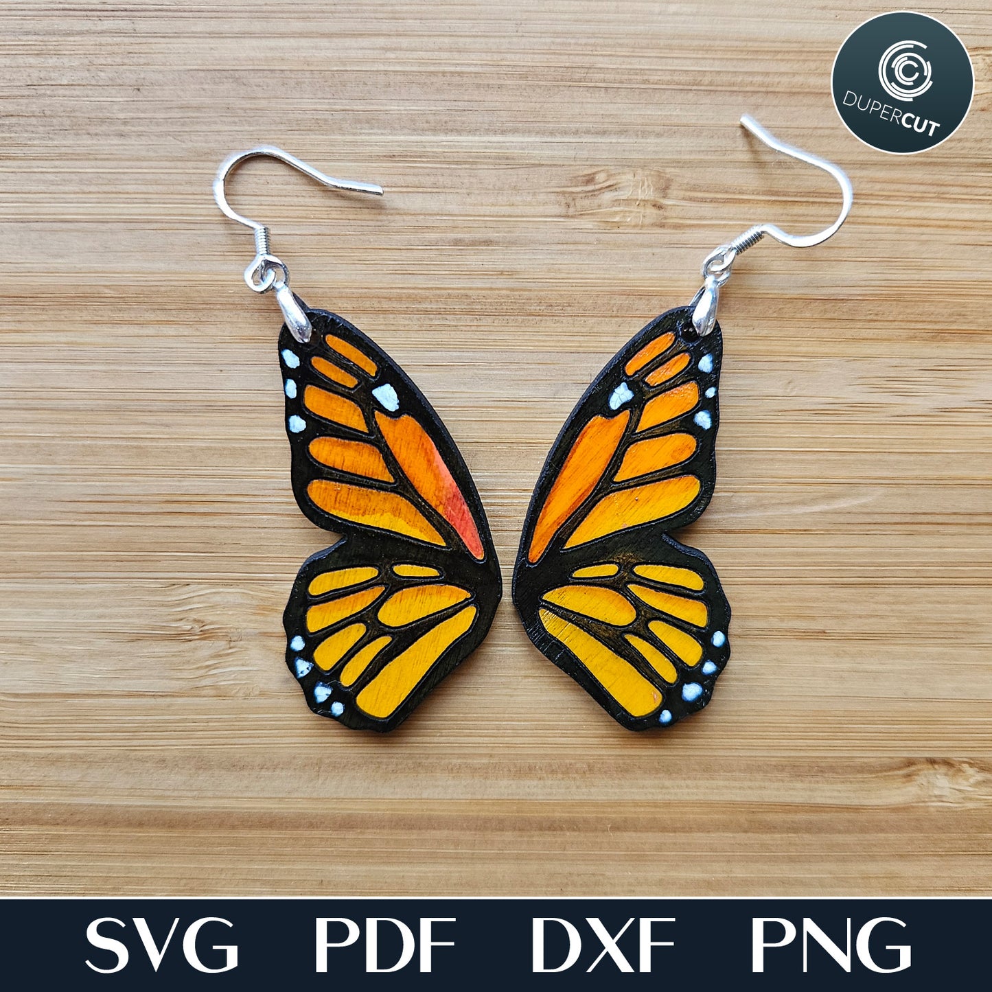 DIY wooden Monarch butterfly earrings pattern for laser cutting machines, Glowforge, Xtool, Falcon, CNC plasma, SVG, DXF, PDF vector files by www.dupercut.com