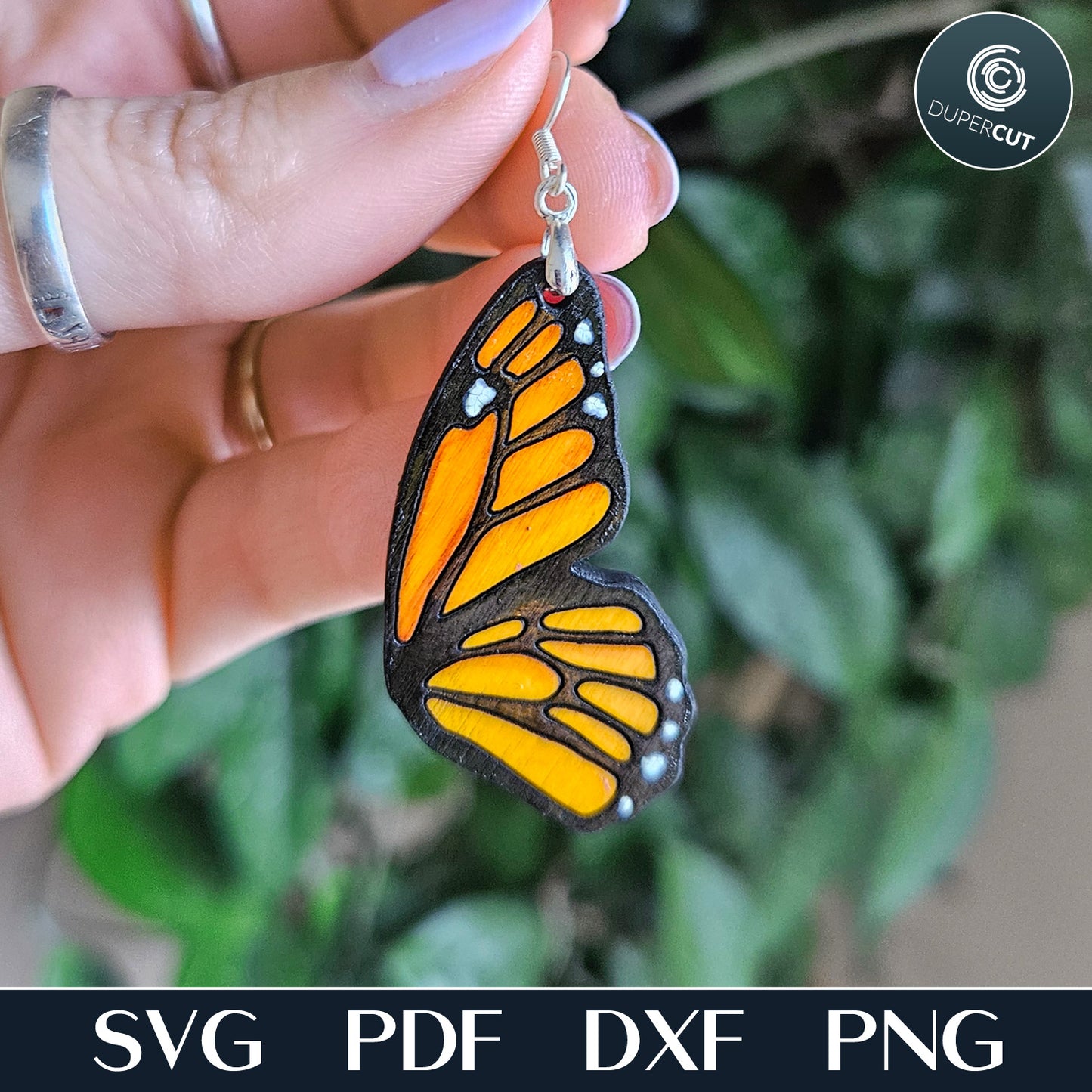 DIY wooden Monarch butterfly earrings pattern for laser cutting machines, Glowforge, Xtool, Falcon, CNC plasma, SVG, DXF, PDF vector files by www.dupercut.com