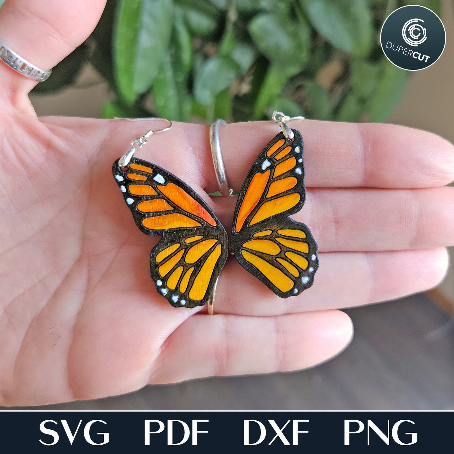 Monarch butterfly earrings pattern for laser cutting machines, Glowforge, Xtool, Falcon, CNC plasma, SVG, DXF, PDF vector files by www.dupercut.com