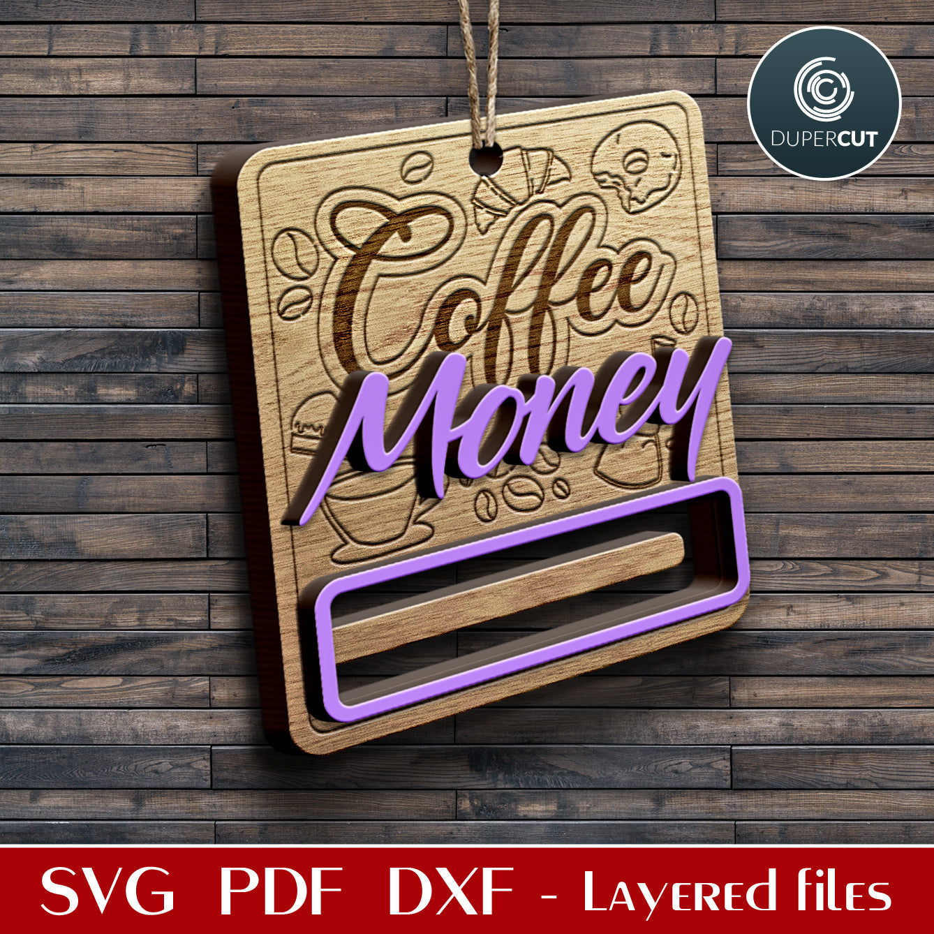 Wine fund funny Cash holder ornaments bundle, six designs, rolled money holder SVG vector files for Glowforge, Cricut, Xtool, Flacon, laser cutting machines, CNC plasma scroll saw pattern by www.DuperCut.com