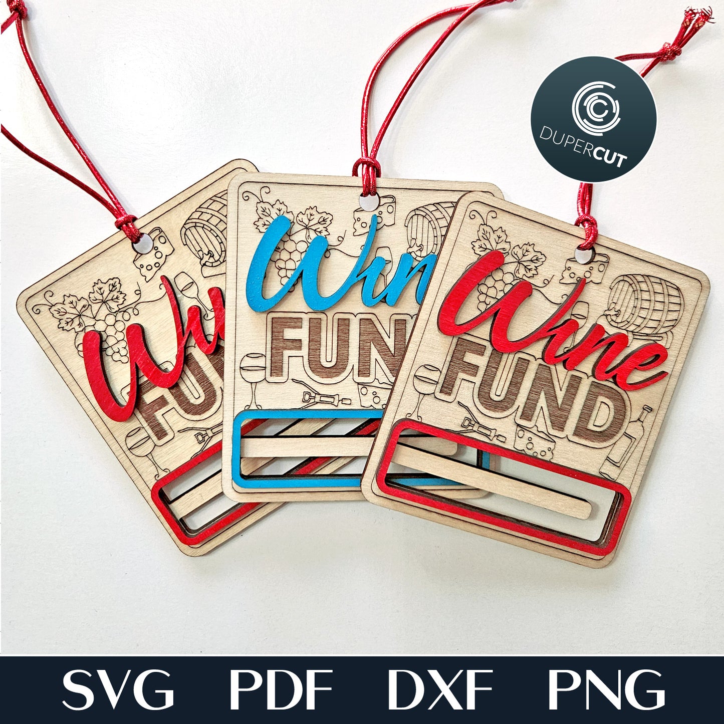 Wine Fund money holder Christmas ornament, personalized gift for wine lovers, laser cut vector SVG files template for Glowforge, Xtool, Falcon, Cricut, CNC plasma machines by www.DuperCut.com