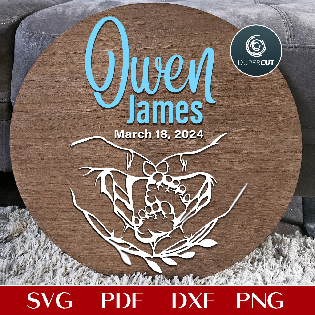 New baby keepsake sign, baby feet nursery wall decor, SVG DXF laser cut files template for Glowforge, Cricut, Xtool by www.DuperCut.com