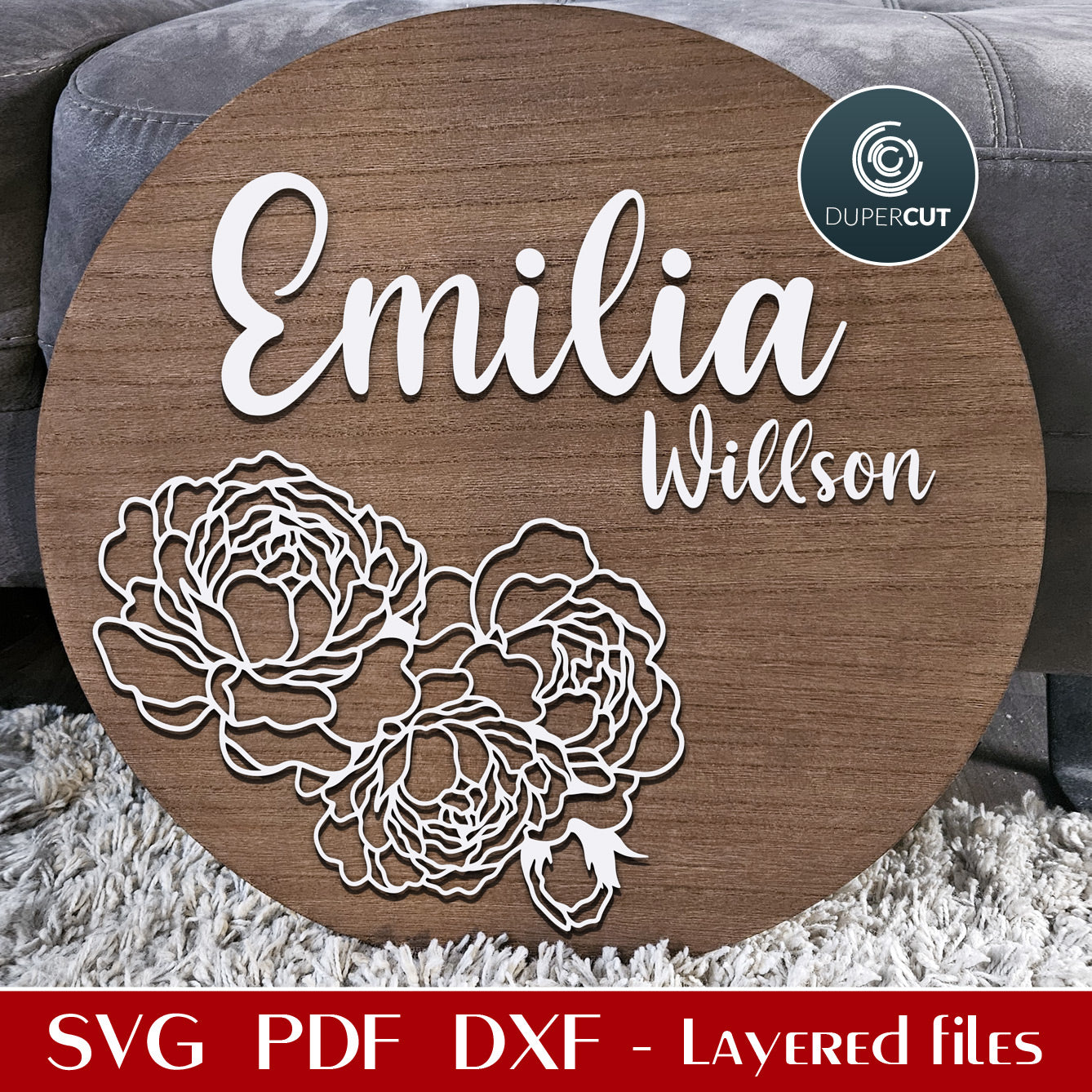Nursery round name sign, peony chrysenthamum floral theme rose wall decor for girls - SVG layered personalized file laser cut template for Glowforge, Xtool, Cricut by www.DuperCut.com