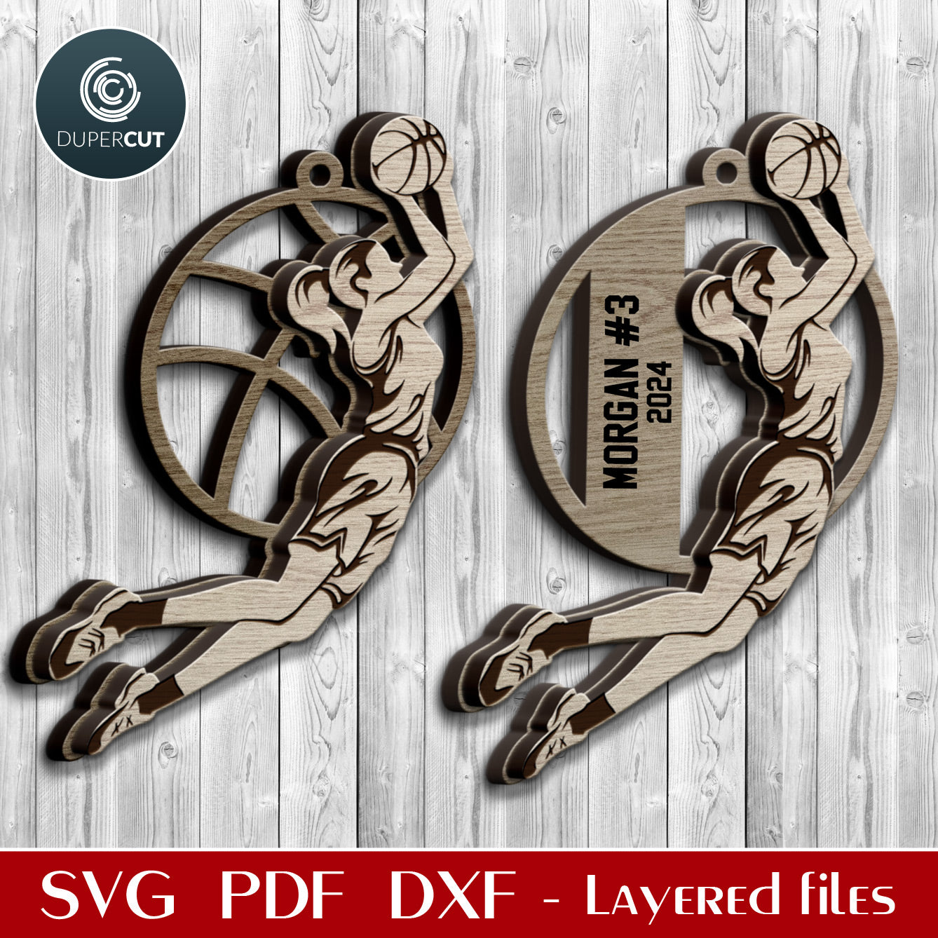 Female sports ornaments bundle - personalized basketball - SVG vector layered files for laser cutting machines Glowforge, Xtool, Cricut, CNC plasma patterns by www.DuperCut.com