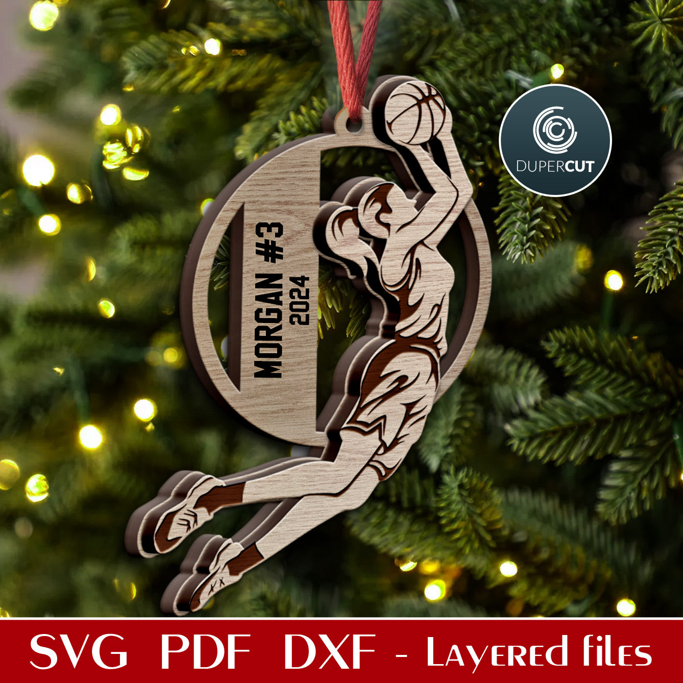 Sports Christmas ornaments, girls basketball personalized SVG layered files for Glowforge, Cricut, Xtool, laser cutting machines CNC plasma by www.DuperCut.com