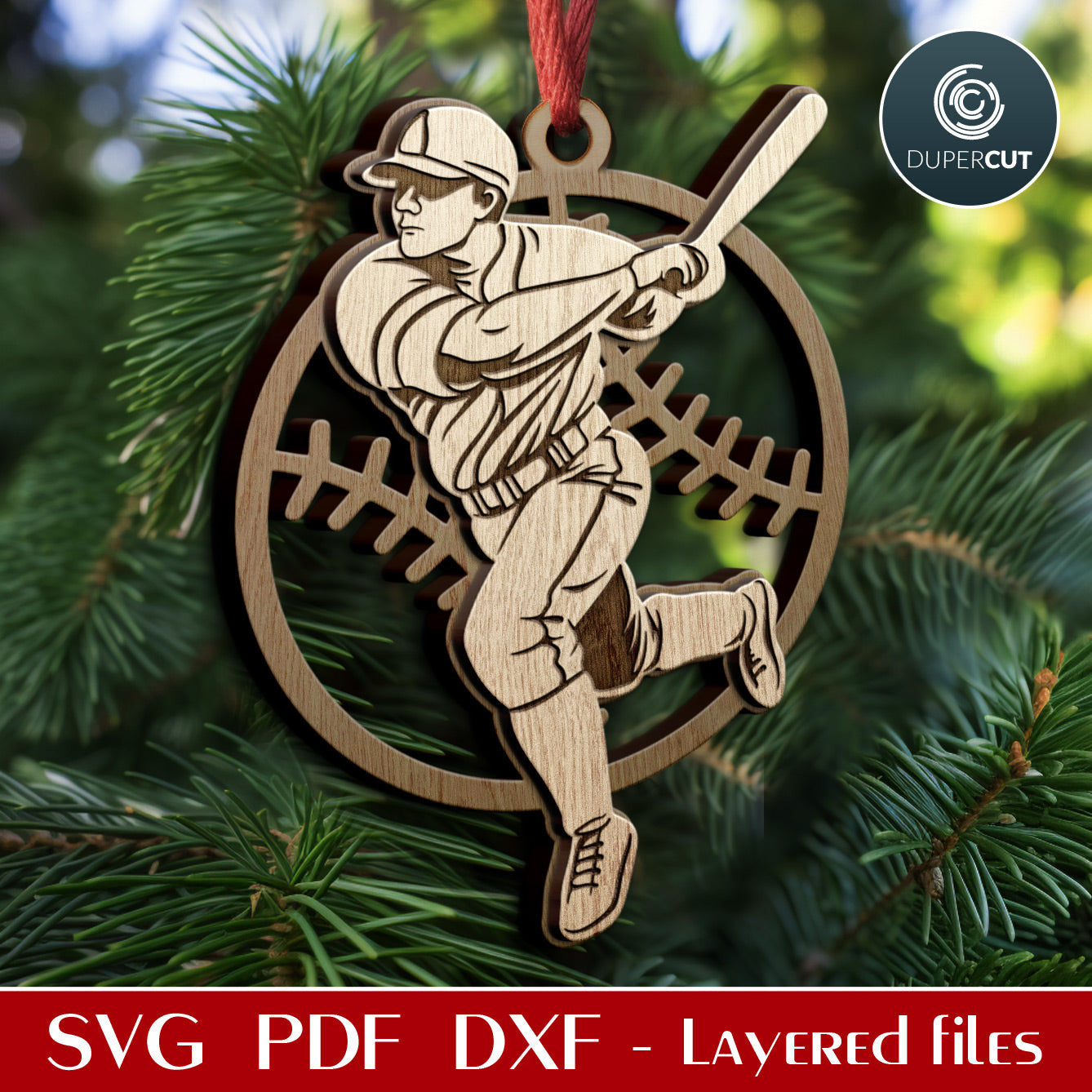 Baseball player ornaments layered cut files template, Christmas tree decoration SVG files for Glowforge, Xtool, CNC laser machines, Cricut, by www.DuperCut.com