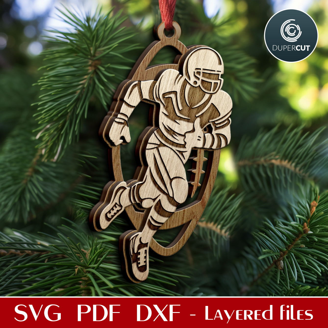 Football player ornaments layered cut files template, Christmas tree decoration SVG files for Glowforge, Xtool, CNC laser machines, Cricut, by www.DuperCut.com