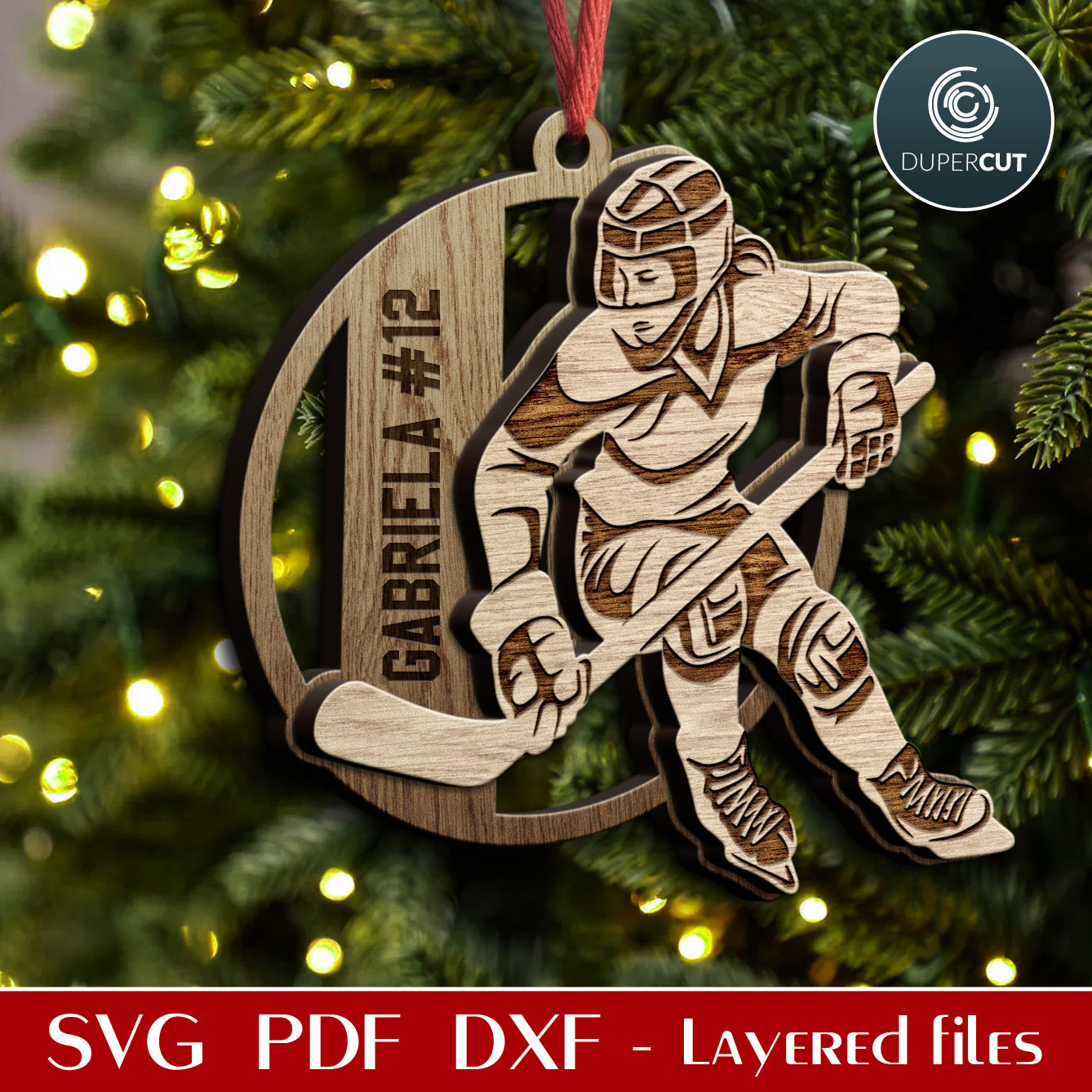 Female sports ornaments bundle - personalized hockey girl - SVG vector layered files for laser cutting machines Glowforge, Xtool, Cricut, CNC plasma patterns by www.DuperCut.com