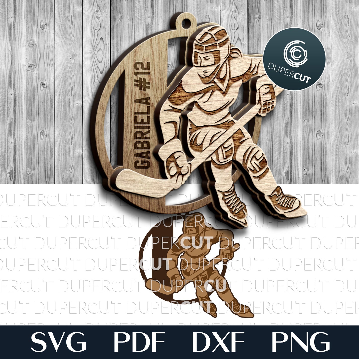 Hockey female player sports ornament, personalized file, add custom text, layered SVG file for Glowforge, Xtool, laser cutting machines by www.DuperCut.com