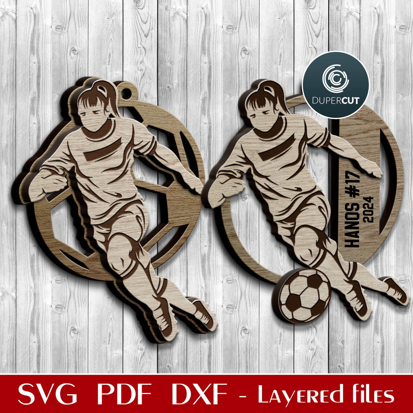 Soccer / football sports ornament, girls team player custom name layered SVG file for laser cutting with Glowforge, Xtool, CNC plasma machines, Cricut by www.DuperCut.com