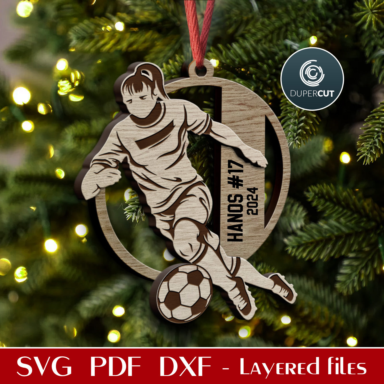 Female sports ornaments bundle - personalized soccer female - SVG vector layered files for laser cutting machines Glowforge, Xtool, Cricut, CNC plasma patterns by www.DuperCut.com