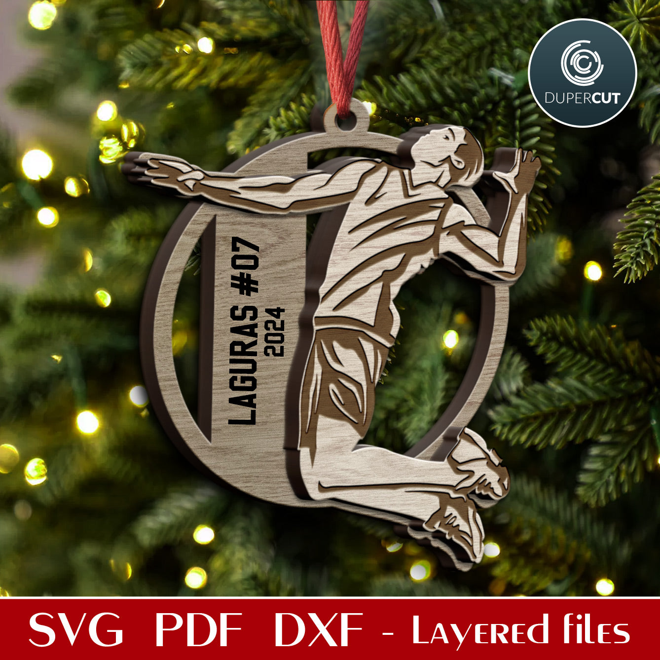 Male volleyball player ornament, add custom text, personalized gift, vector SVG layered file for laser cutting Glowforge, Xtool, CNC plasma, Cricut by www.DuperCut.com