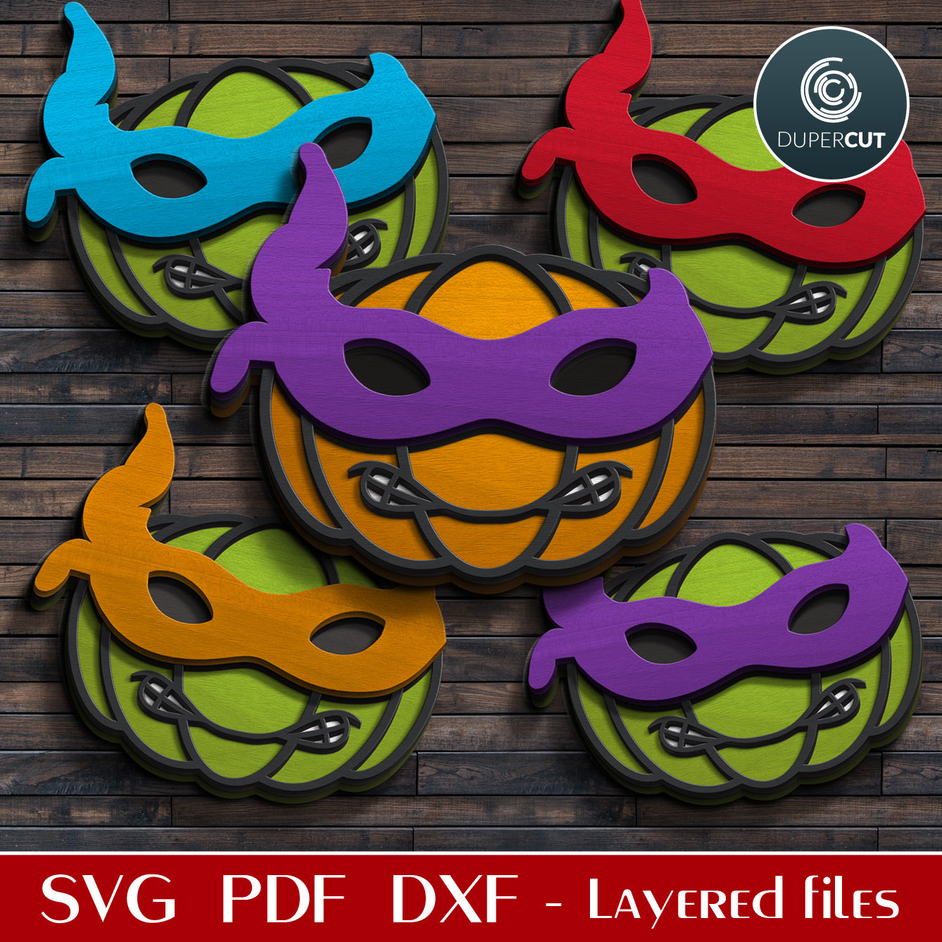 Ninja turtles pumpkin character - cute Halloween decoration door hanger - SVG DXF vector files for laser cutting machines, scroll saw pattern, Glowforge, xtool, cricut, CNC plasma machines by www.DuperCut.com