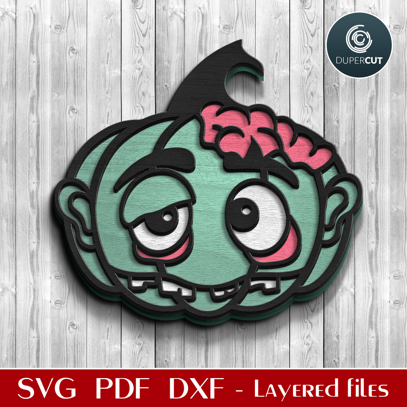 Zombie pumpkin character - cute Halloween decoration door hanger - SVG DXF vector files for laser cutting machines, scroll saw pattern, Glowforge, xtool, cricut, CNC plasma machines by www.DuperCut.com