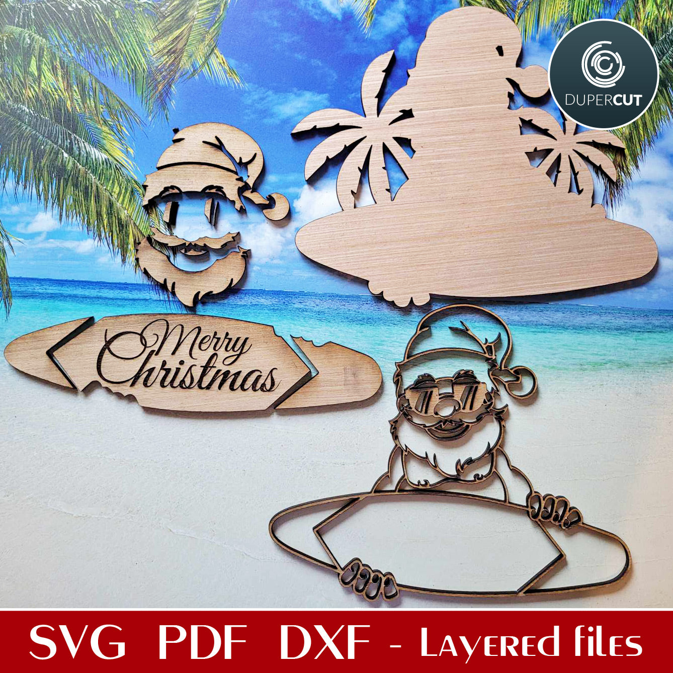 Santa Clause on a beach with surfing board sign - SVG DXF layered cutting files for laser Glowforge, X-tool, Cricut, CNC plasma machines, scroll saw pattern by www.DuperCut.com