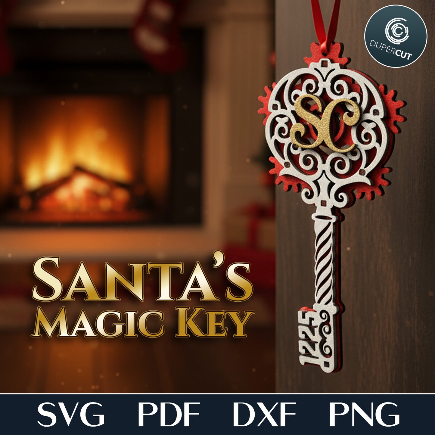 Santa's Magic Key with moving gears inside, interactive laser cut Christmas decor files for Glowforge, Xtool, CNC plasma machines by www.DuperCut.com