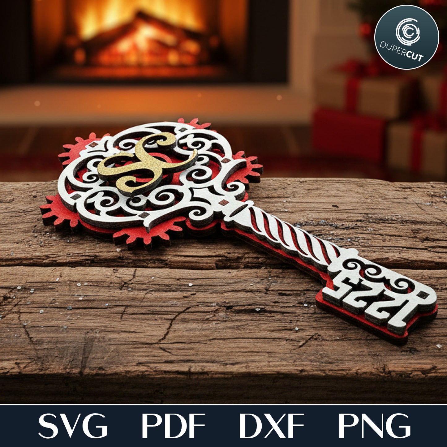 Santa's Magic Key with moving gears inside, interactive laser cut kids fun gift files for Glowforge, Xtool, CNC plasma machines by www.DuperCut.com
