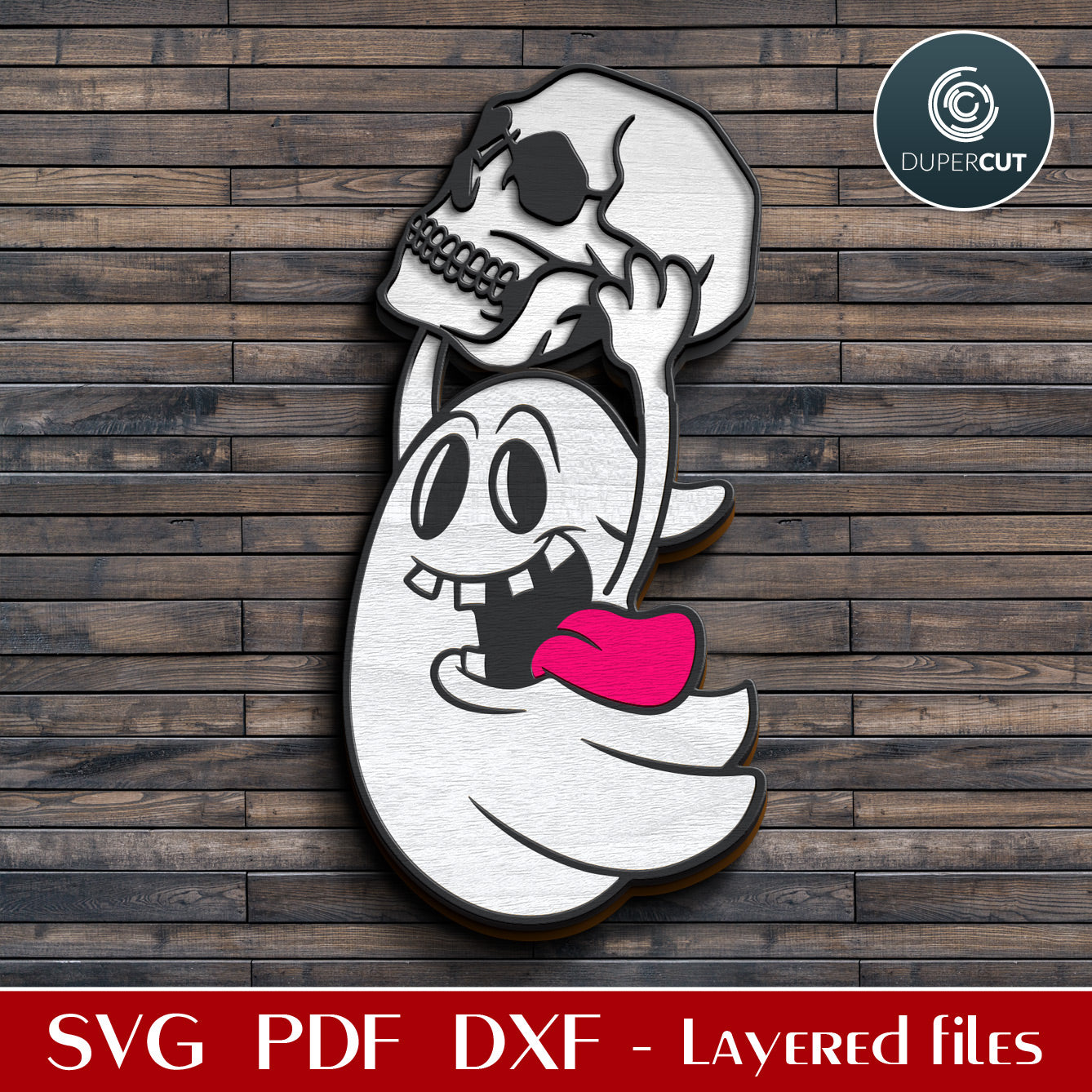Funny ghost carrying a skull SVG DXF vector layered Halloween decoration for laser cutting with Glowforge, Xtool, Cricut, CNC plasma machines, scroll saw pattern by www.dupercut.com