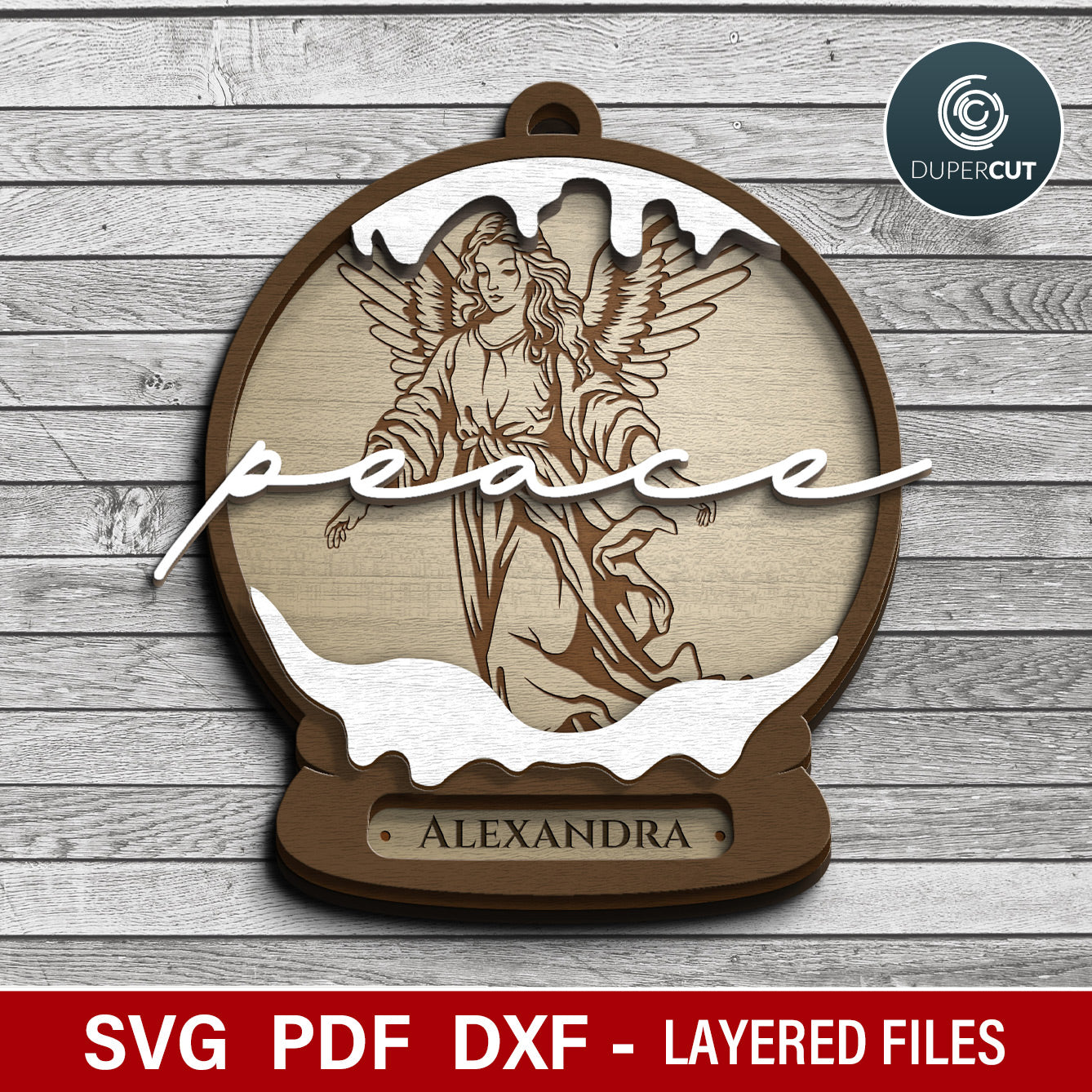 Snow globe Christmas ornaments layered laser cut files, SVG template for laser cutting machines Glowfoge, Xtool, Cricut CNC plasma machines by www.DuperCut.com