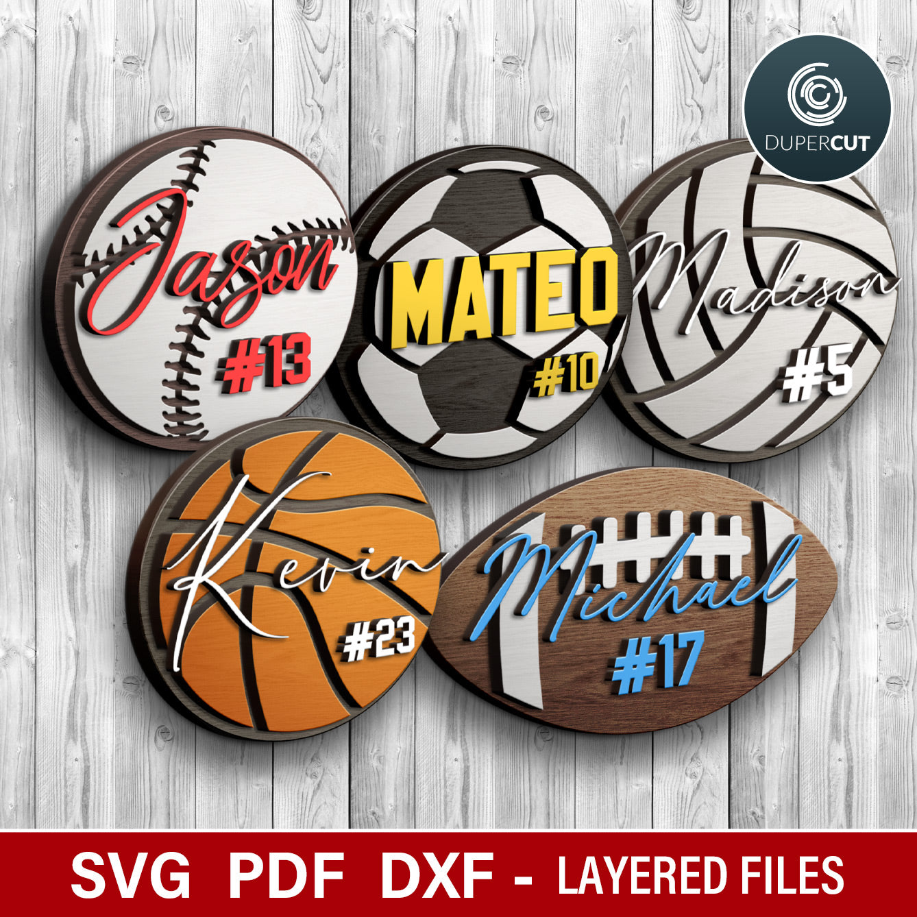 Sports signs bundle, easy to make, dual-layer sport game balls, kids room decoration, personalized name sign template for laser cutting machines Glowforge, Xtool, Cricut, CNC plasma, scroll saw pattern by www.dupercut.com