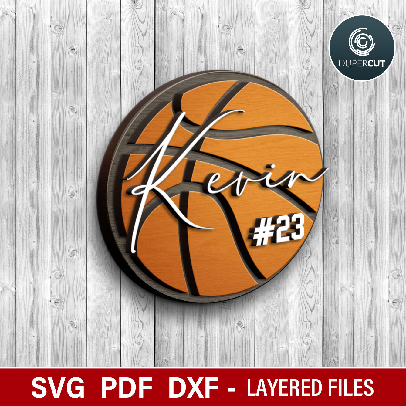 Layered basketball sign, easy to make, dual-layer sport game balls, kids room decoration, personalized name sign template for laser cutting machines Glowforge, Xtool, Cricut, CNC plasma, scroll saw pattern by www.dupercut.com