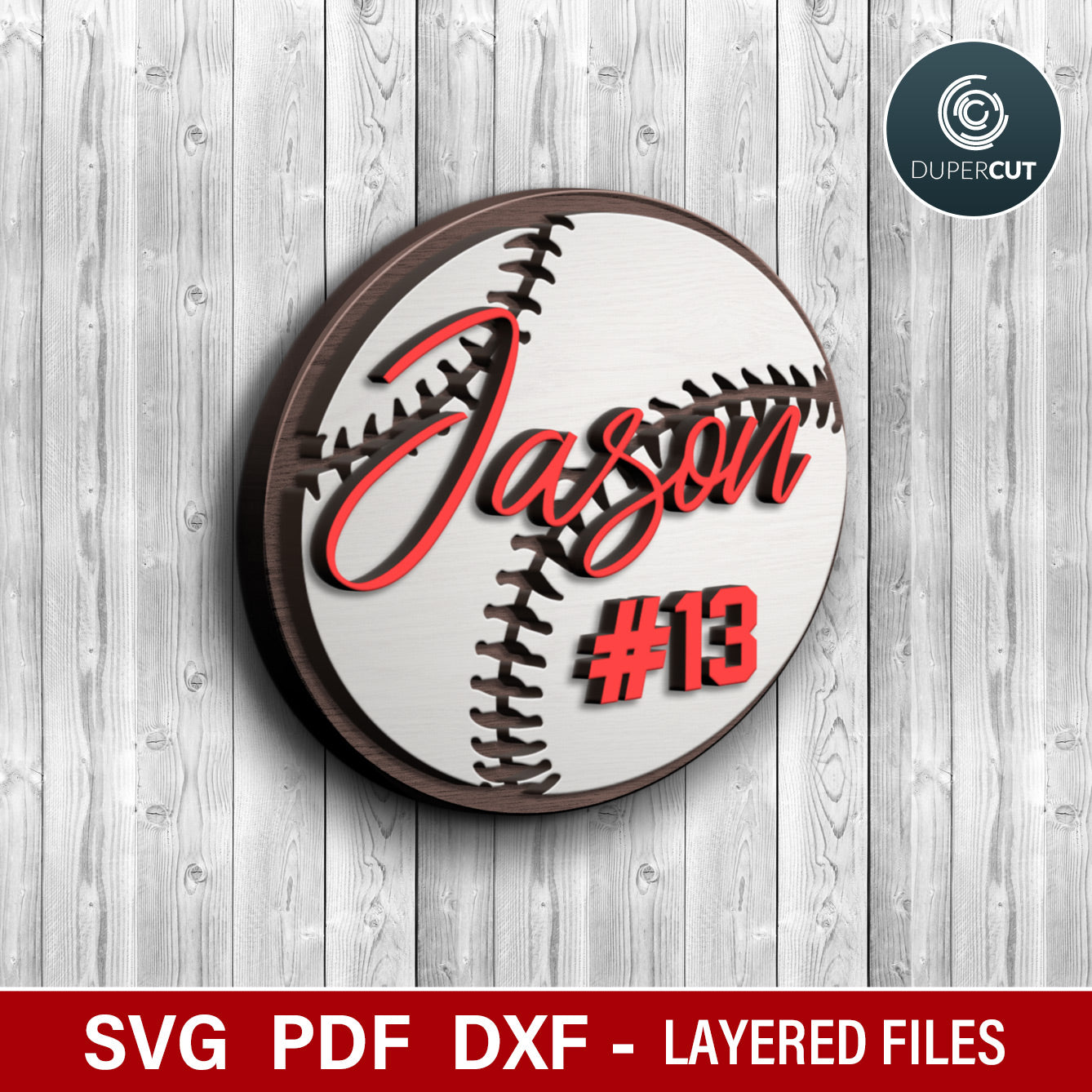 Layered baseball sign, easy to make, dual-layer sport game balls, kids room decoration, personalized name sign template for laser cutting machines Glowforge, Xtool, Cricut, CNC plasma, scroll saw pattern by www.dupercut.com